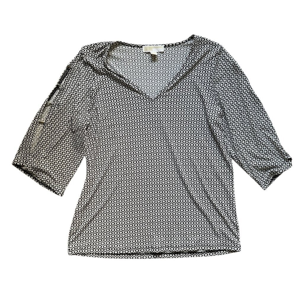 Michael Michael Kors Black White Geometric Print V-Neck Blouse Size M